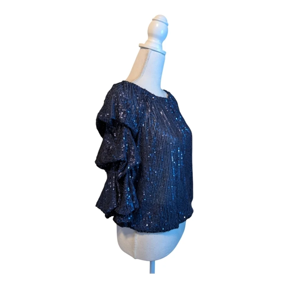 CeCe Sequined Blouse Women's Small Navy  Blouson Tiered Sleeve NWT - Picture 3 of 15
